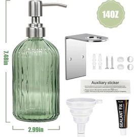 Green Soap Dispenser Wall Mount for Bathroom, 14oz Clear Glass Shower Hand Body Wash Dispensers for Kitchen, Shampoo and Conditioner Dispenser with Stainless Steel Pump and Drill-Free Holders