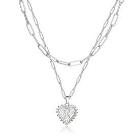 Layered Initial Necklaces for Women Paperclip Chain Necklace Silver Heart Letter Pendant Initial Choker Necklaces for Girls (K)