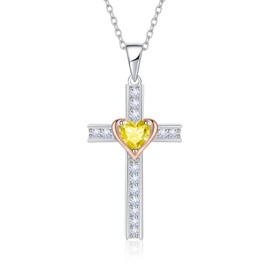 Calliora Birthstone Cross Necklace for Women, 925 Sterling Silver Heart Cross Pendant Necklace, Fine Cross Jewelry Birthday Gifts for Her, 18"+2" Inches