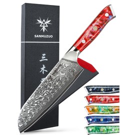 SANMUZUO Santoku Knife - 7 inch - Xuan Series - VG10 Damascus Steel Kitchen Knife - Resin Handle (Sunset Red)