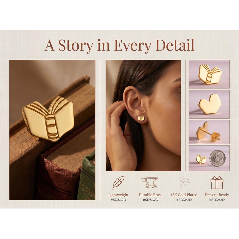 Aswinfon 18K Gold Plated Open Book Stud Earrings Dainty Back