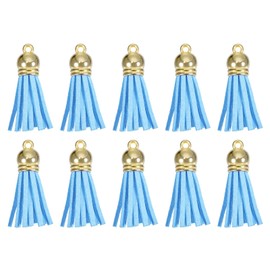 HARFINGTON 30 Piezas de Borlas de Cuero de 1.5 Pulgadas con Capuchón Dorado para Hacer Llaveros, Pulseras y Joyería Artesanal, Color Azul Cielo