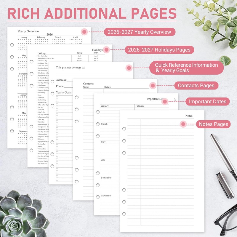 2026-2027 Weekly & Monthly Planner Refill for 6 Hole, 5.5"x8.5"