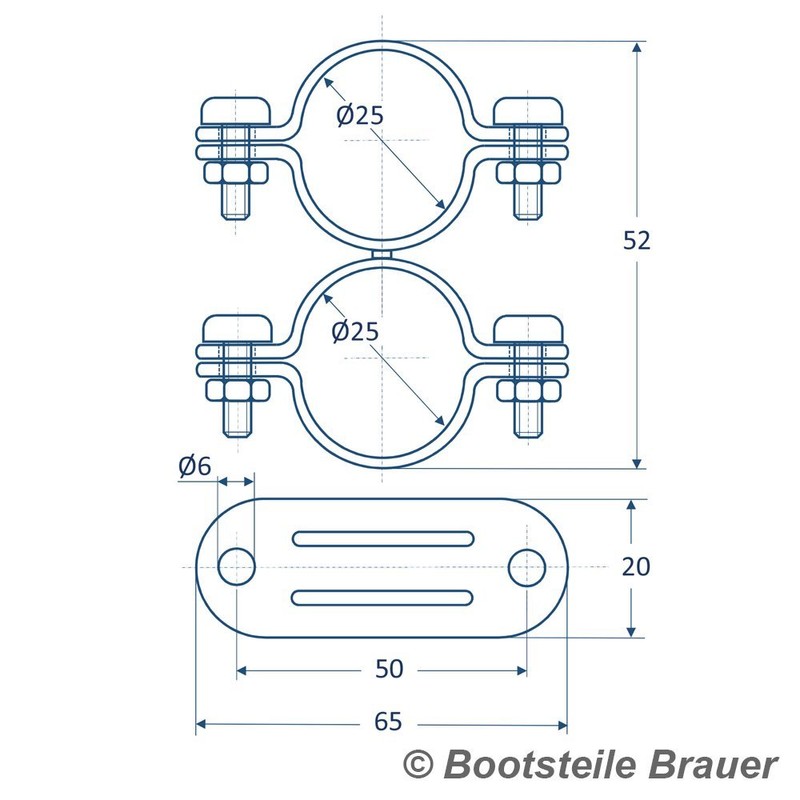 Bootsteile Brauer 1 Piece Pipe Clamp Double with Swivel Diameter