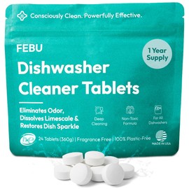 FEBU Dishwasher Cleaner Tablets Made in USA | Natural Dishwasher Cleaner and Deodorizer | Eliminates Grease & Grime | 8 Natural, Biodegradable, Plant-Based Ingredients | 24 Tablets - 12 Month Supply