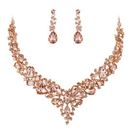 BriLove Bridal Jewelry Set for Wedding Women's Jewelry Austrian Crystal Teardrop Cluster Statement Necklace Dangle Earrings Set Morganite Color Rose-Gold-Toned