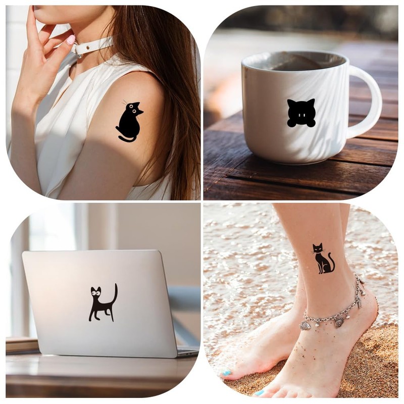 12 Sheets Black Cat Temporary Tattoos, Minimalist Black & White