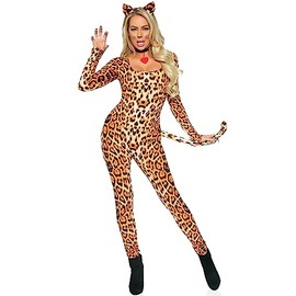 Leg Avenue 3 Piece Cougar Catsuit Costume Set-Brushed Lycra Bodysuit with Ears and Collar for Women, Leopard, X-Large