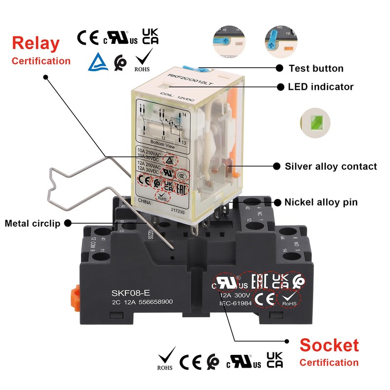 Weasch Electromagnetic Power Relay with Test Button, RKF2CO012LT, 8 Pin