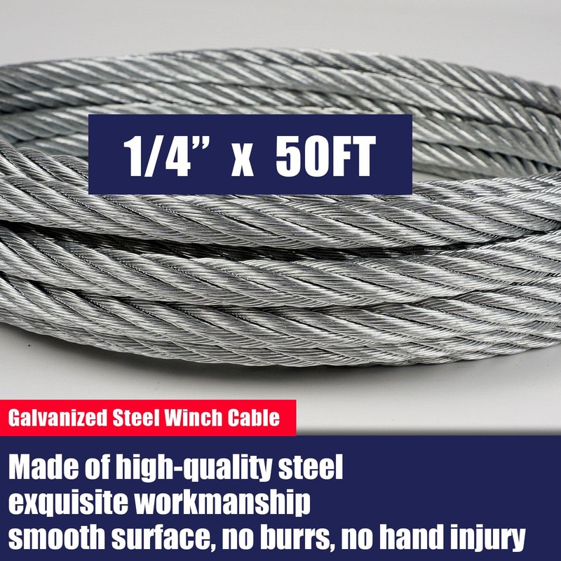 JEXTRA Galvanized Steel Winch Cable, 1/4” x 50ft Wire Rope