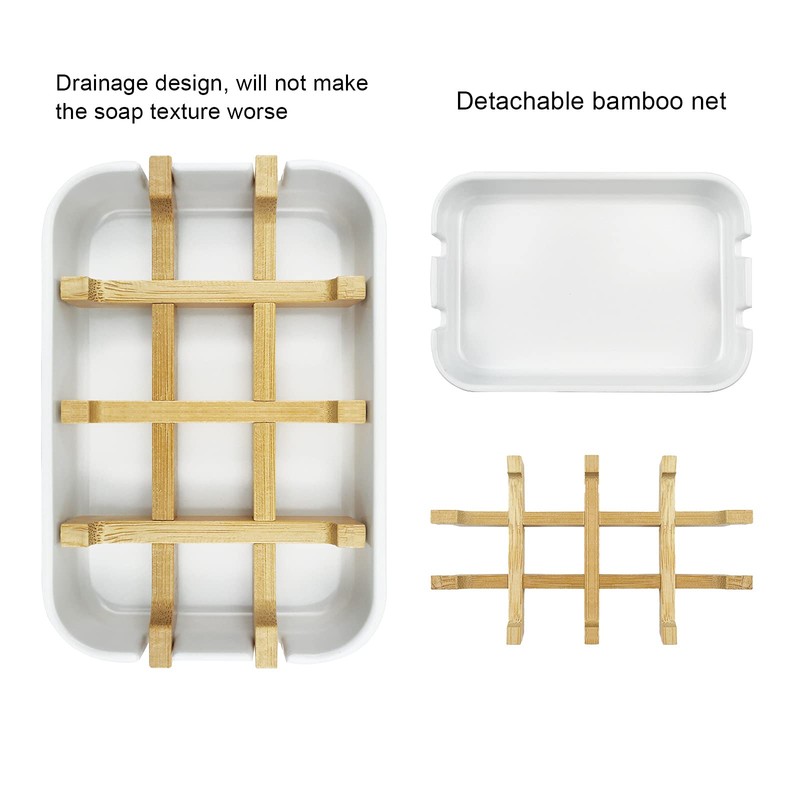 2 Pack Bamboo Soap Dish, Self-Draining Soap Box, Wooden Bamboo