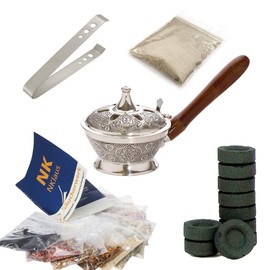 NKlaus 40620 Silver Incense Pan Set 14 Pieces with Incense Mix Assorted Charcoal