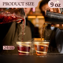 Gejoy 9 oz Rimmed Swirl Plastic Cups Disposable Wine Drinking Cups Clear Elegant Wedding Tumblers for Engagement Single Party Supplies(Gold)