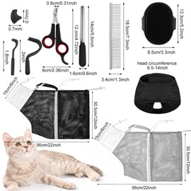 Kritkin 10 Pcs Cat Bathing Bag Set Pet Mesh Shower Bag Anti Bite and Scratch Pet Grooming for Washing Brush, Cat Muzzle, Nail Clipper, Nail File, Tick Tool(Gray and Black)