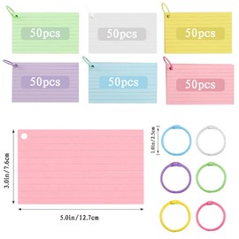 FlashCard 300 Pcs Ruled Index Cards, Cue Cards with Lined, Revision Supplies, 3 x 5 Inch Coloured NoteCards with 6 Binder Rings for Studying, Office and Home