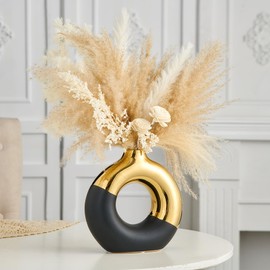 Ceramic Donut Vase, 8" L x 8" H Black and Gold Large Vase for Pampas Grass, Modern Vases for Decor, Gold Vase Centerpieces for Wedding Living Room Bedroom Coffee Table Office Home Decor Gifts
