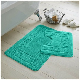 VELVETIO Bath Mat Set 2 Piece Machine Washable for Bathroom, Jacquard Greek Non Slip Quick Dry Shower Rugs & Bathtub Mats, Highly Water Absorbent 100% Polypropylene Toilet Rug Sets, Teal