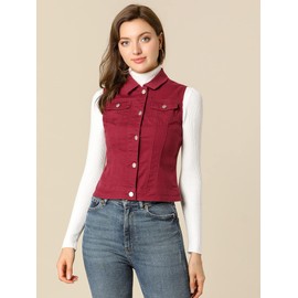 Allegra K Women's Buttoned Washed Denim Vest Jacket W Chest Flap Pockets Small Burgundy