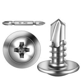 Pack of 300 Self Tapping Screws 4.8 x 13 mm Stainless Steel Flat Head with Disc and Phillips Screwdriver Bit