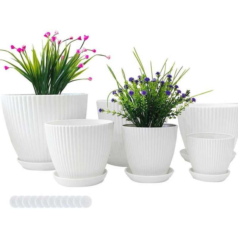 Plant Planters with Drainage Holes and Trays Pack of 6