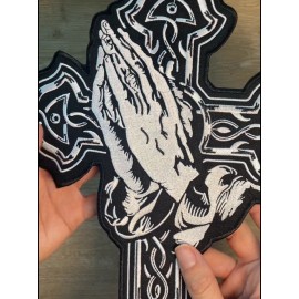 Nixon Thread Co. Praying Hands Cross Patch 14" | Religious Christian Catholic Celtic Embroidered