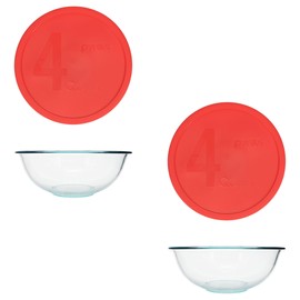 Pyrex (2) 326 4qt Glass Mixing Bowls and (2) 326-PC 4qt Red Mixing Bowl Lids