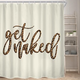 KOMLLEX Beige Get Naked Shower Curtain for Bathroom Decor 72Wx84H Inches Extra Long Funny Quotes Leopard Print Cheetah Modern Simple Women Men Fabric Waterproof Polyester 12 Pack Hooks Pack Hooks