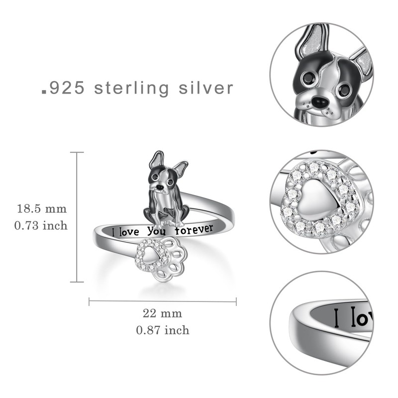 SVODEA Boston Terrier Gifts 925 Sterling Silver Boston Terrier Ring