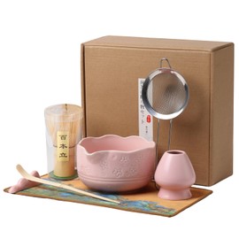 Matcha Whisk Set, Japanese Ceramic Matcha Bowl with Spout, Bamboo Whisk, Sifter, Scoop, Holder, Tea Cloth, 7-Piece Ceremonial Matcha Kit, Gift for Tea Lovers (pink)