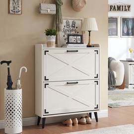 Barnyatoh Shoe Storage Cabinet,Farmhouse Shoe Organizer with 2 Flip Drawers & Barn Door Design,Freestanding Hidden Slim Narrow Shoe Rack Cabinet for Entryway,Foyer,Hallway,Antique White
