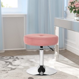 Adeco Modern Round Pink Vanity Stool Chair for Makeup Room, Height Adjustable 360 Swivel Foot Stools Piano Stool with Chromed Metal Base for Living Room, Bathroom, Office
