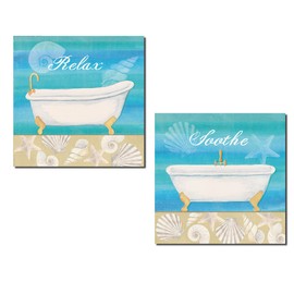 Gango Home Decor Lovely Tan and Teal 'Soothe' and 'Relax' Coastal Spa Bathtub Set by Veronique Charron; Two 12x12in Prints