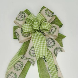 Handmade Christmas Bow, Green Gingham Check, Beige Linen with Merry Christmas Print