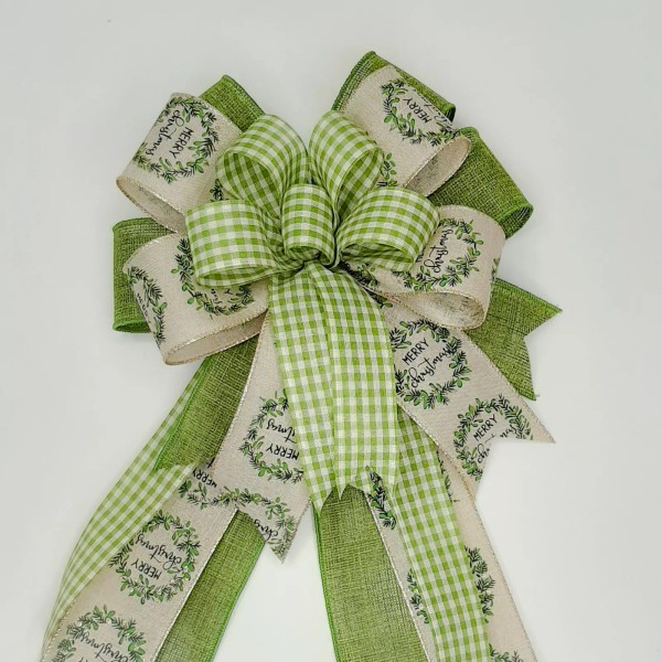 Handmade Christmas Bow, Green Gingham Check, Beige Linen with Merry
