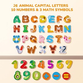 JoyCat Wooden Thick Alphabet Fridge Magnets, Large Size Cute Animals Fruits Colorful ABC Magnetic Letters 26 Uppercase Letters and 0-9 Numbers Toy Set:_Uppercase Letter + Numbers