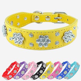 Rhinestone Flower Dog Collar - Sparkling Leather Pet Collar - for Small and Medium Dogs (Yellow M)