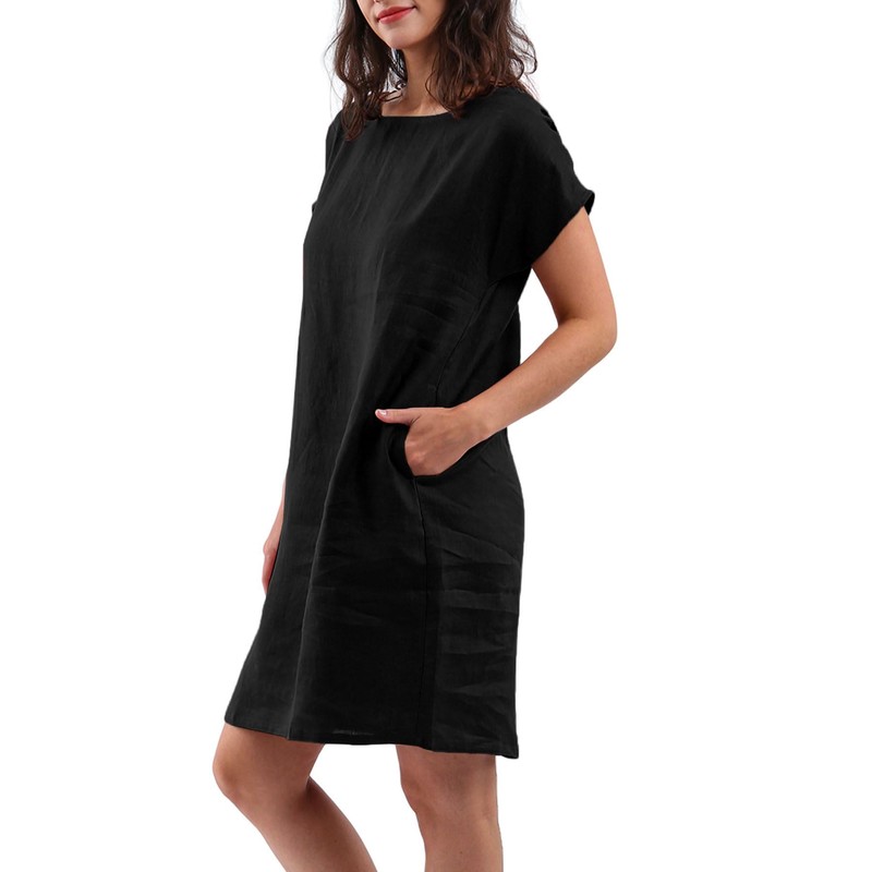 Amazhiyu Womens 100% Linen Summer Casual Crew Neck Midi Dresses