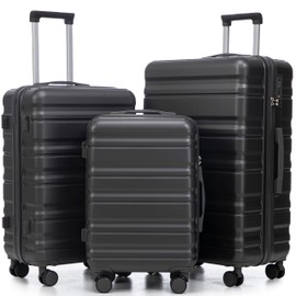 Merax 3-Piece ABS Hardshell Luggage Sets – Lightweight, Tough & Scratch-Resistant, Grey Horizontal Stripe, 20/24/28 Inch