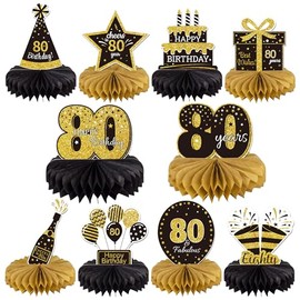 Gexolenu 10 Pcs 80th Birthday Honeycomb Centerpieces Gold Black Cheers to 80 Years Birthday Centerpieces Tables Toppers for 80th Birthday Decorations 80 Fabulous Birthday Party Decorations Supply