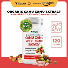 Organic Camu Camu Extract 20% Vitamin C Capsules - Immune, Collagen, Metabolism Support - 120 Veggie Capsules - Non GMO, Gluten Free, Vegan Supplement