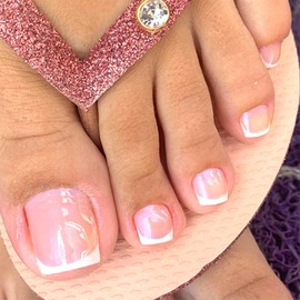 French Fake Toenails : 24Pcs White Press on Toenails - Short Square Fake Nails Nude Pink False Toe Nails Summer Full Cover Toe Nails for Women and Girls