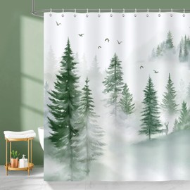 Bonhause Shower Curtain Misty Forest Mountain Green Tree Nature Shower Curtains 180 x 180 cm Anti-Mould Waterproof Polyester Fabric Washable Bathroom Curtain for Bathroom with 12 Hooks