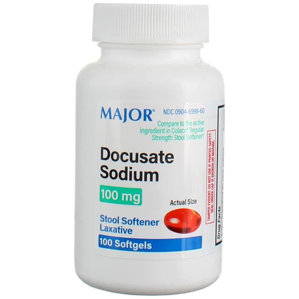 Docusate Sodium 100 mg Softgels for Gentle, Reliable Relief from Occasional Constipation Generic for Colace 100 Softgels per Bottle Pack of 2 Bottles Total 200 Softgels