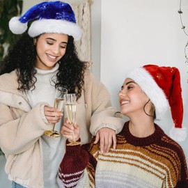 CITÉTOILE Blue Santa Hat Sequin Christmas Hat for Adult, Xmas Party Christmas Home Decor, Large Father Christmas Hat, Luxury Christmas Santa Hat For Women And Men, Blue