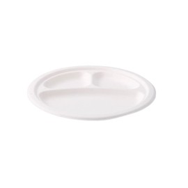 BIOZOYG Disposable Plates, Pack of 50, 3 Chambers, Diameter 22 cm, White, Round, Dinner Plates, Sugarcane Plates with Dividers, Snack Plates with Compartments, Divided Party Tableware