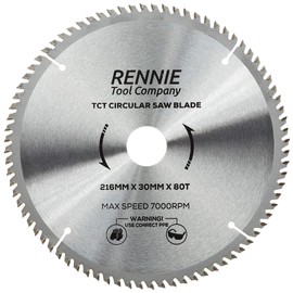Rennie Tools - 216mm x 30mm x 80T TCT Circular Wood Saw Blade Includes 25mm 20mm & 16mm Bore Reduction Rings. Compatible with Festool Bosch Makita Dewalt Circular Saw,