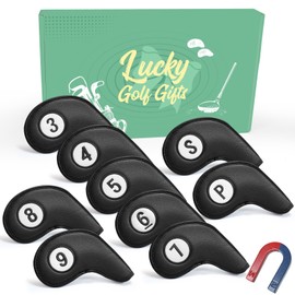 AMRTA Golf Iron Head Covers for Golf Clubs Synthetic Leather with Gift Box, Deluxe Club Headcover Universal Fit Main Iron Clubs Great Gift for Golfer Men Women (Magnetic Closure 9 Pcs-Black)