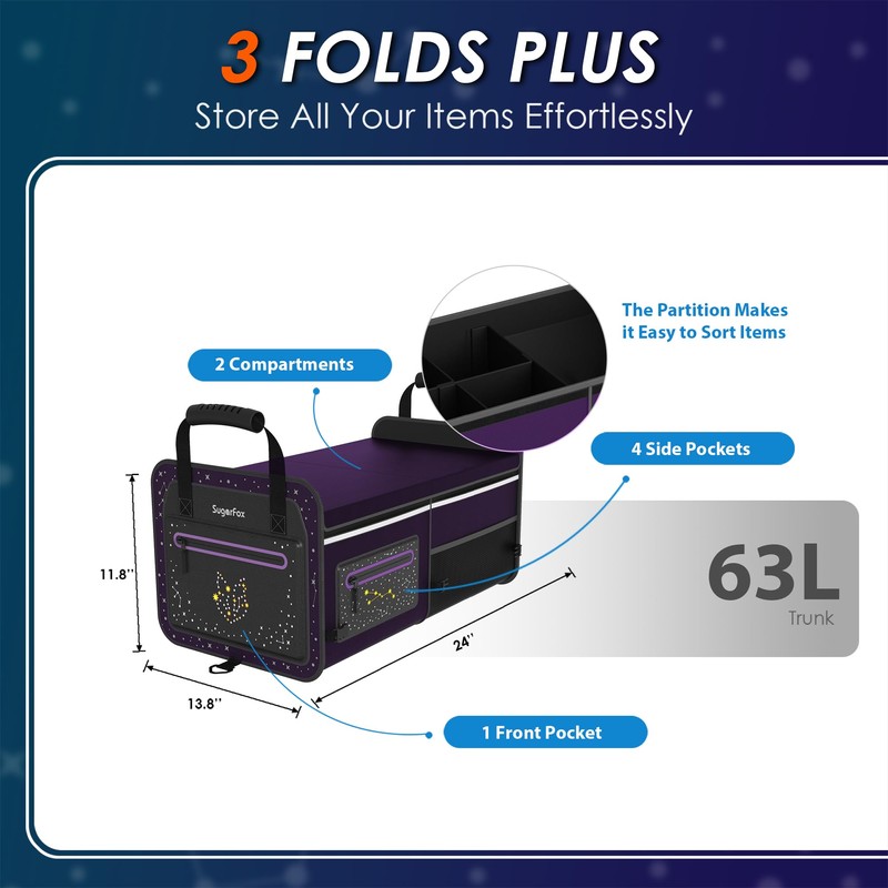 SugarFox 63L Car Trunk Organizer for SUVs & Small/Midsize Cars