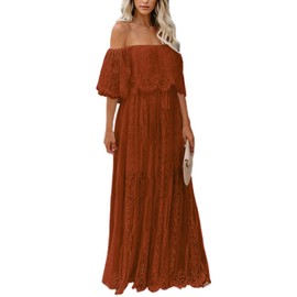 Cercis Women Off The Shoulder Floral Lace Maxi Wedding Dress Boho Flowy Brides Bridesmaid Wedding Guest Formal Long Dress Rust
