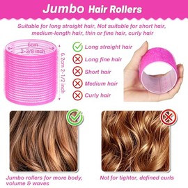 Jumbo Hair Curlers Rollers, 12Pcs 60mm Jumbo Hair Roller Curlers Self Grip Holding Rollers with 12Pcs Hair Clips for Long Straight Thick Hair (Rose Re